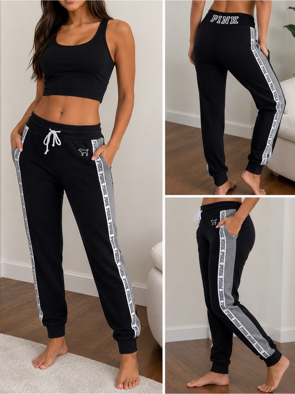PINK Victoria's Secret Black & Grey Logo-Trim Jogger Pants Size Small